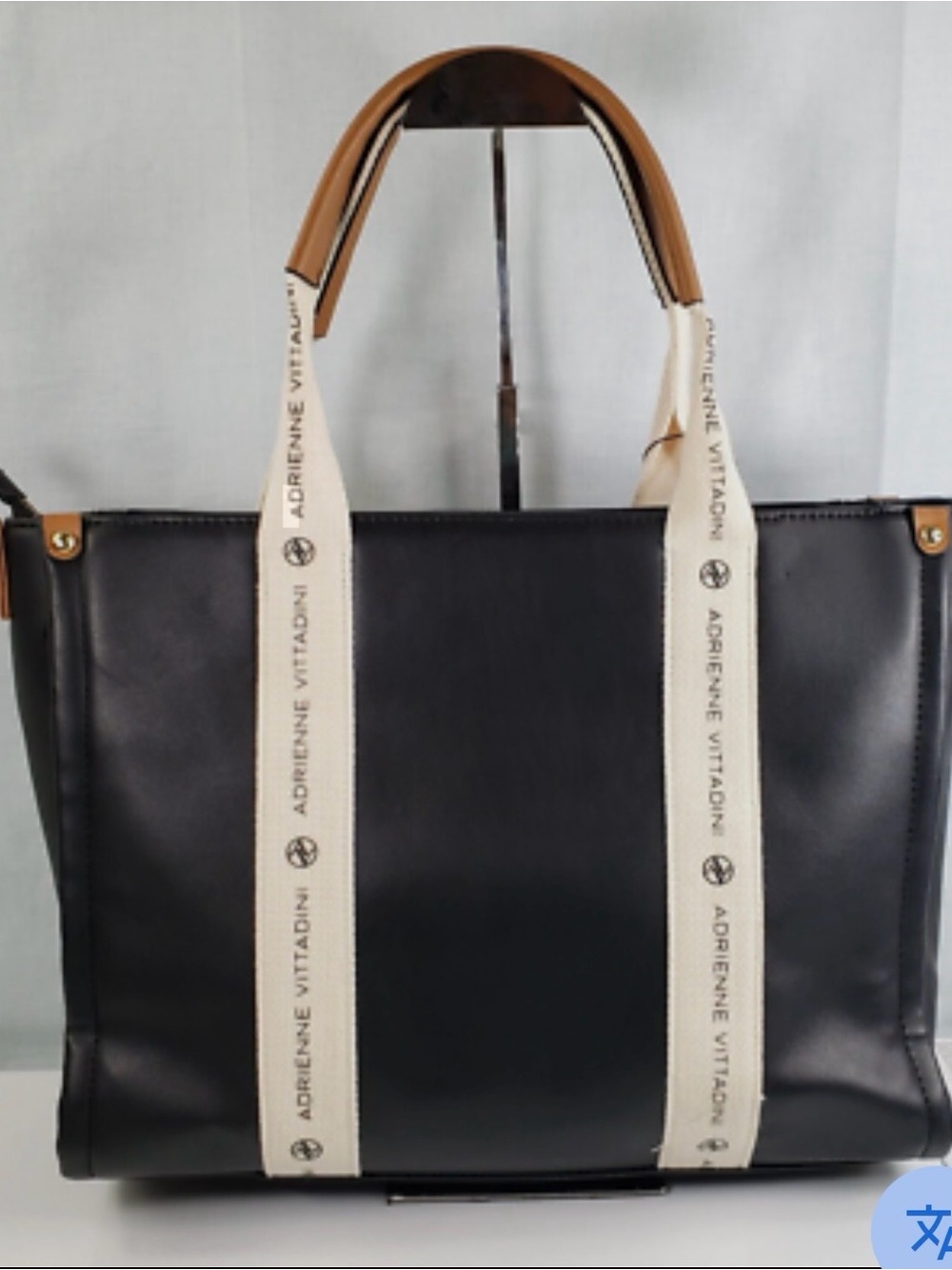 Adrienne Vittadini Montauk Black Tote with Cream Straps and Tan Handles